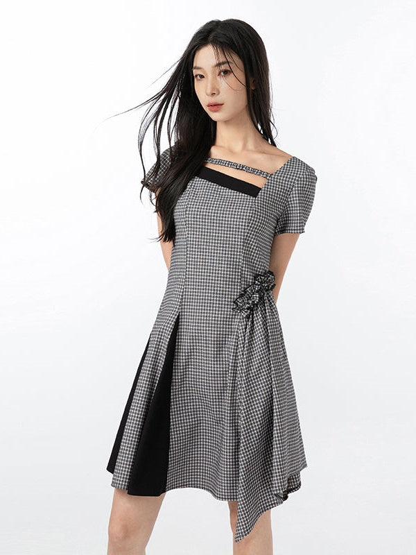 Ruffled Square Collar Plaid French One-piece