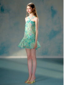Oil Painting Style Mesh Lace Halterneck Dress main image 1