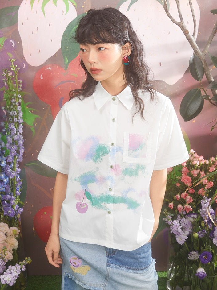 Gradient Cherry Decorated Pocket Loose Shirt