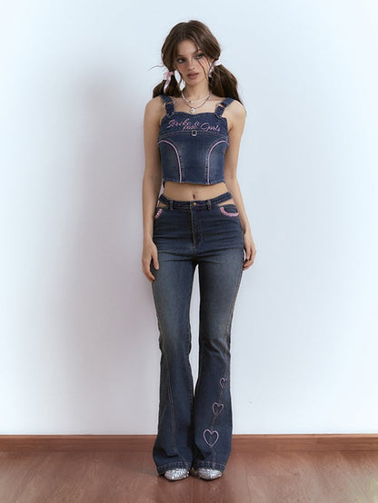 Embroidered Denim Micro Flared Trousers &amp; Strap Vest