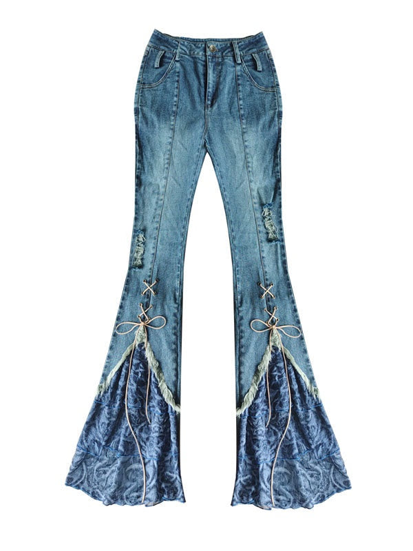 Splicing Lace-Up Flare Jeans