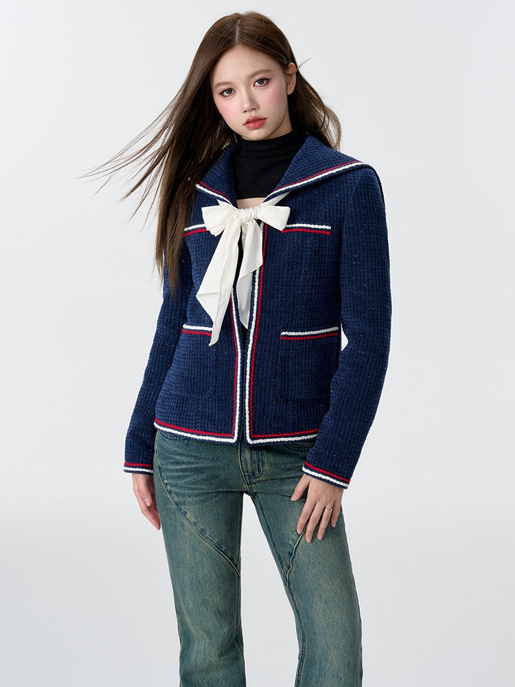 College Style Navy Collar Bow Tweed Padded Jacket