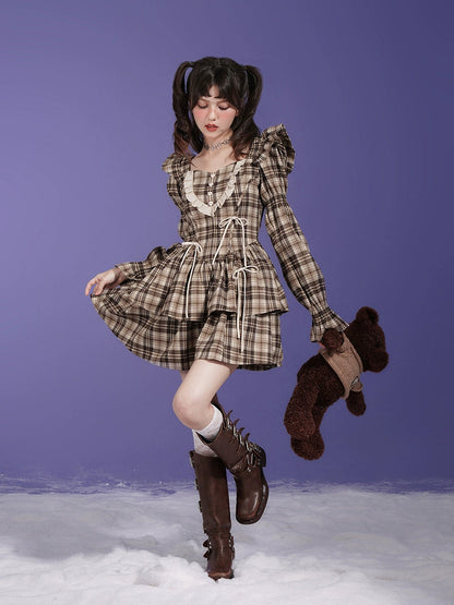 Plaid Bow Small Flying Sleeve Dress