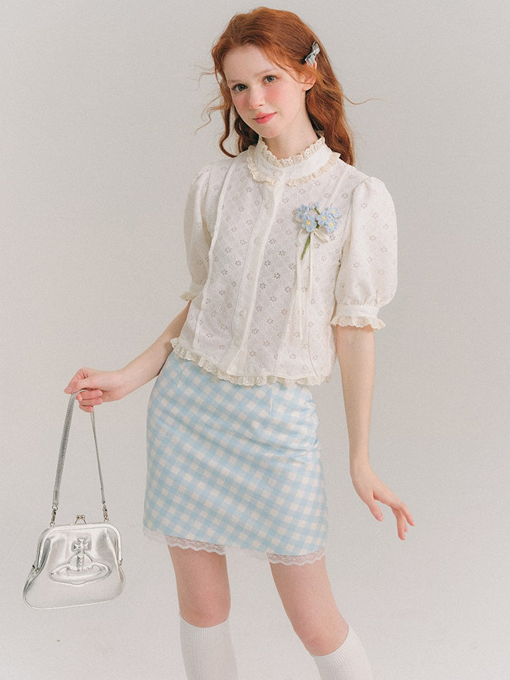 Stand Collar Jacquard Lace French Short-sleeved Shirt