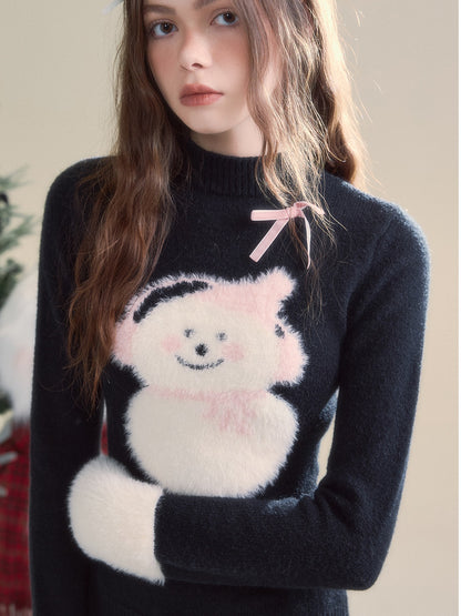 Snowman Splicing Fur Bottle-neck Slim Sweater