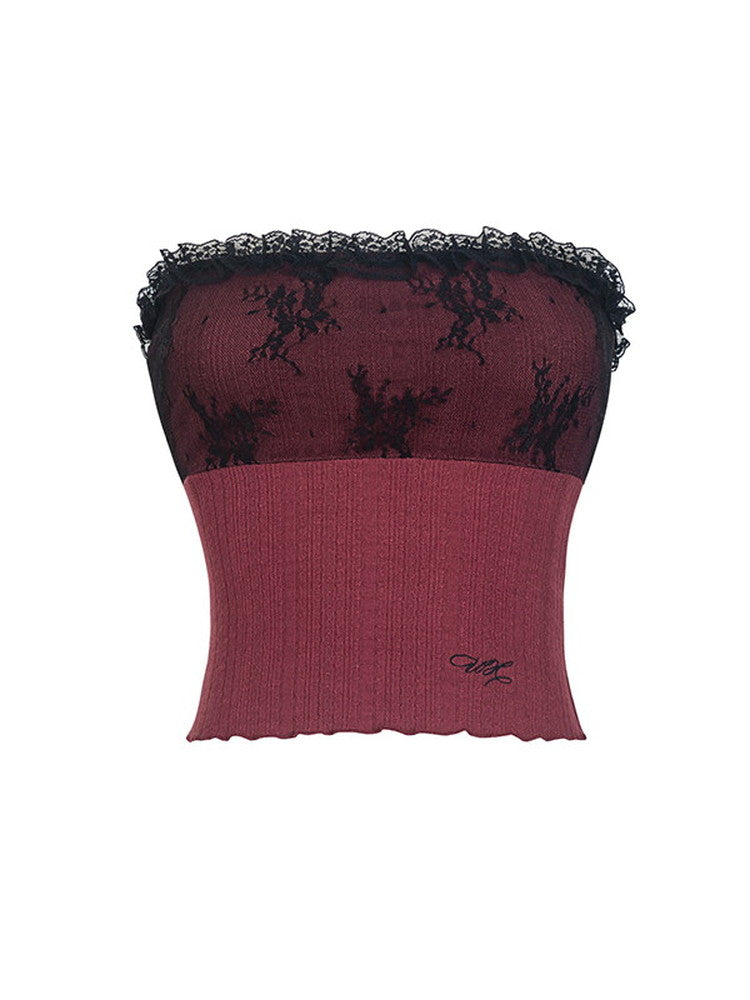 Lace Stretch Knit Feminine Frill Tube-Top