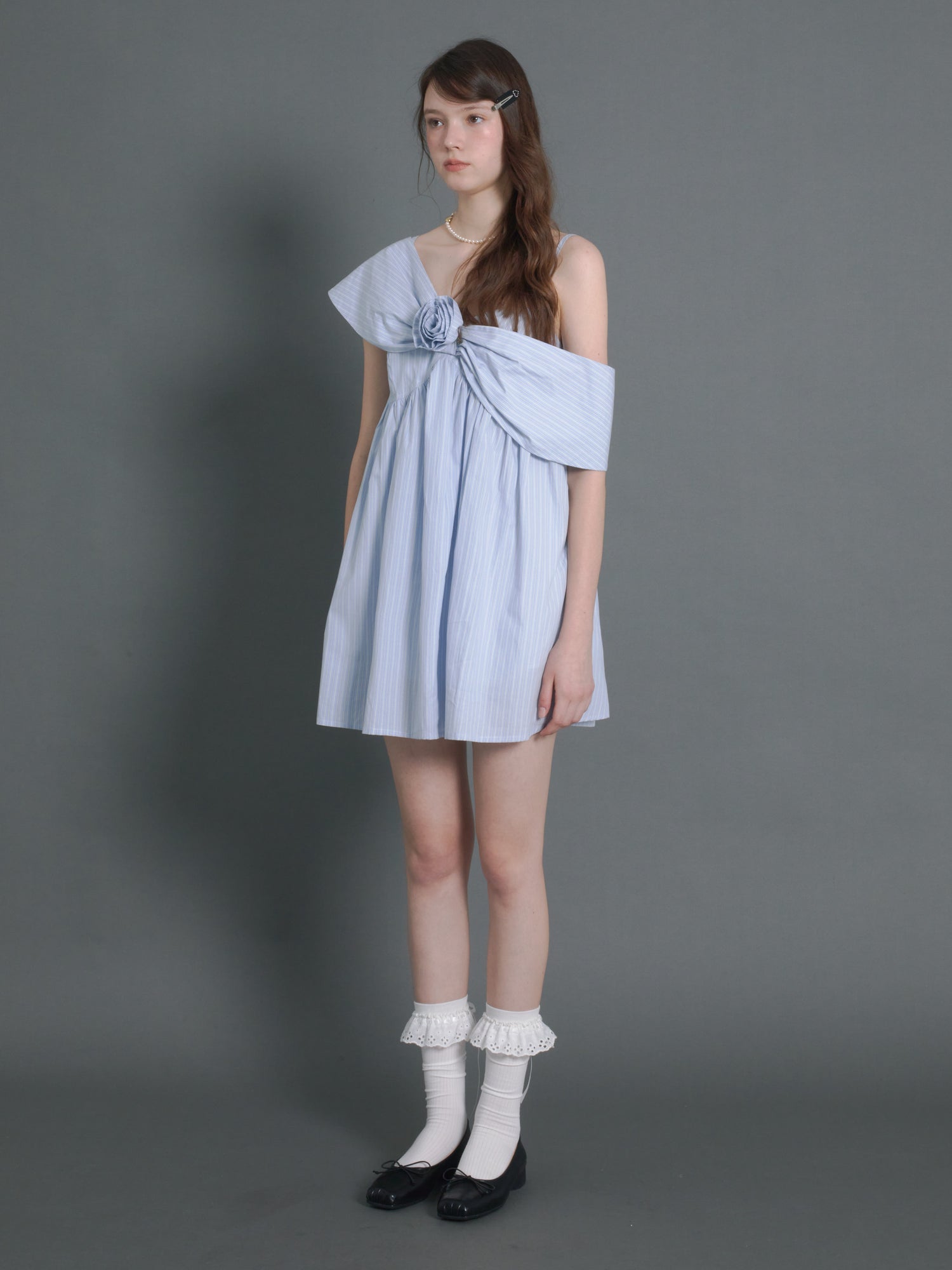 Shawl Collar Stripe Slip Gather Dress