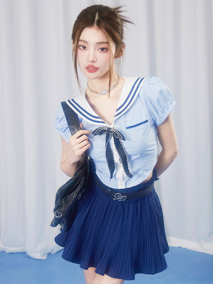 School Girl Puff Sleeve Top &amp; Pleated Skirt