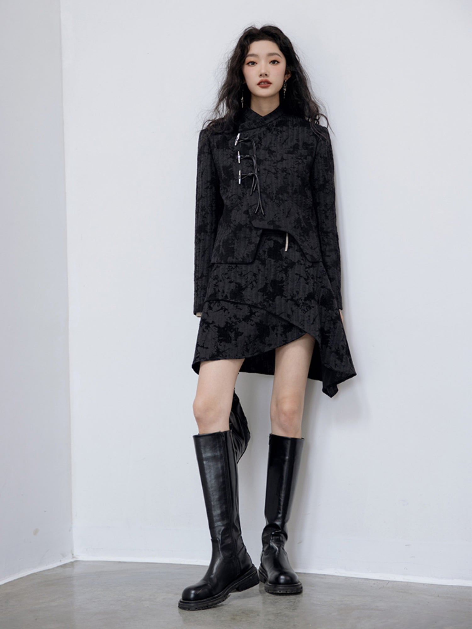 Flocking Chinese Button Asymmetry Jacket ＆ Skirt