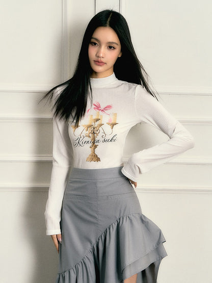 Small Stand Collar Candlestick Print Long-sleeved T-shirt