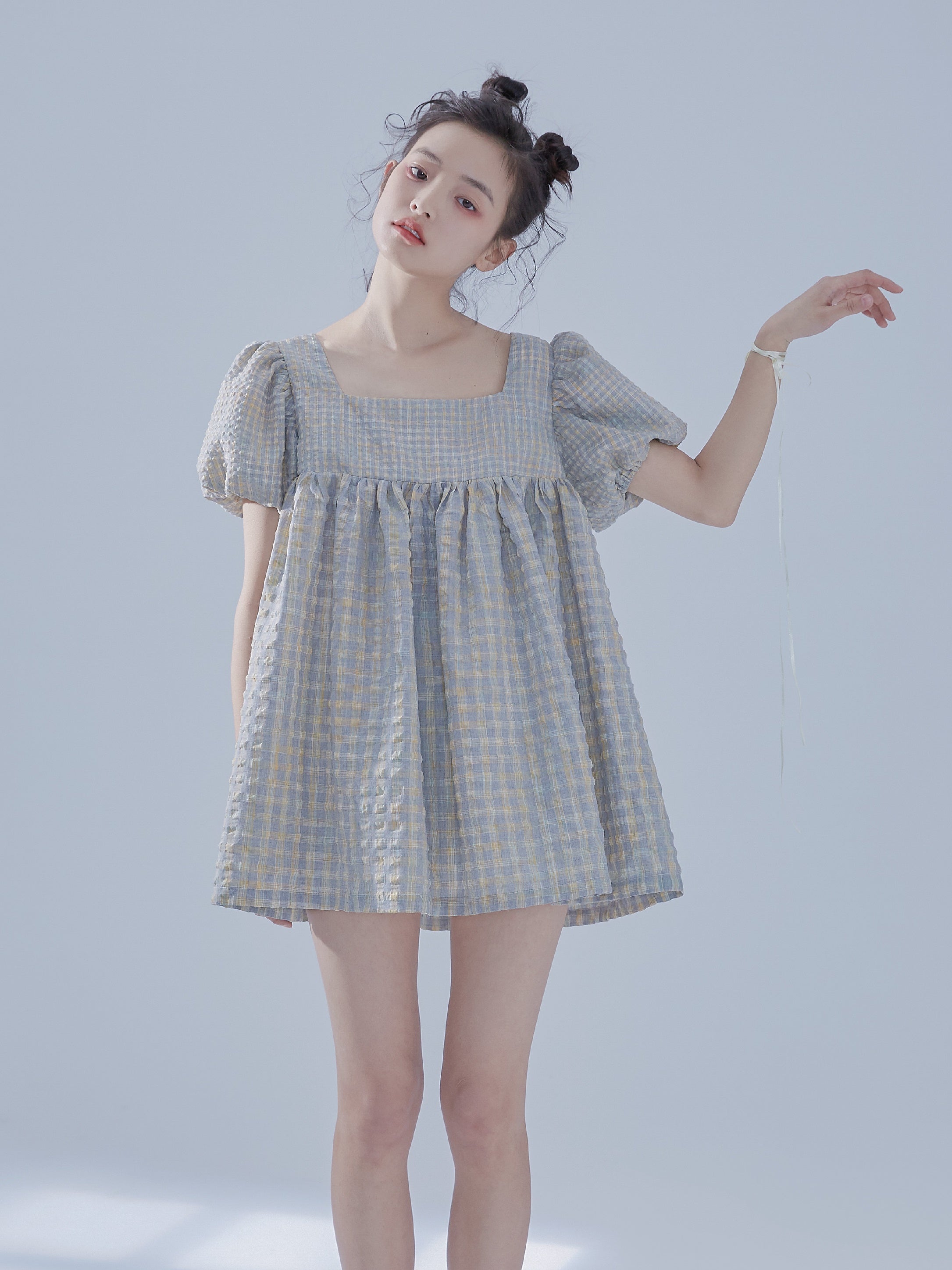 Plaid Puff Sleeve Square Collar Puffy Baby Doll One-piece