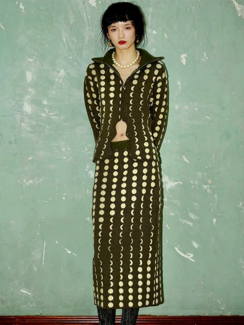 Polka Dot Contrast Knitted Sweater Jacket ＆ Skirt