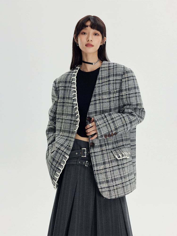 Woven Plaid No-Collar Jacket ＆ Vest ＆ Pleated Skirt