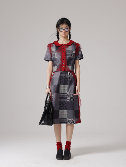 Grid Printing Mesh Stitch Shirt &amp; Skirt