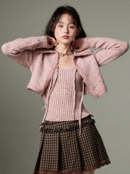 Big Collar Cropped Knitted Cardigan &amp; Camisole Set-up