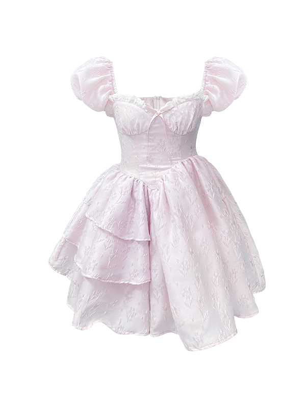 Jacquard Lace Bud Sleeve unregelmäßige Hem -Prinzessin Kleid