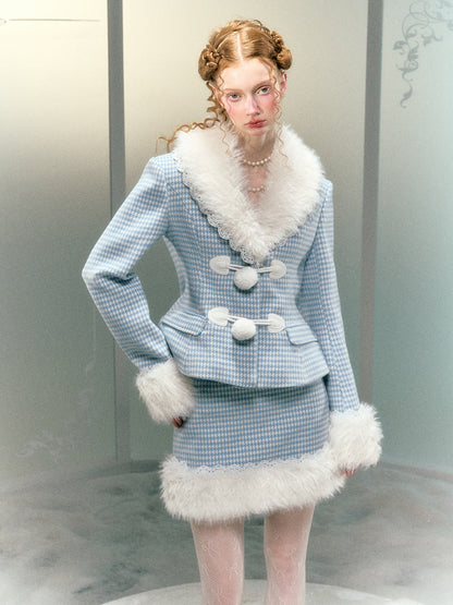 Plaid Lace Fur Collar Waisted Quilted Jacket ＆ Skirt