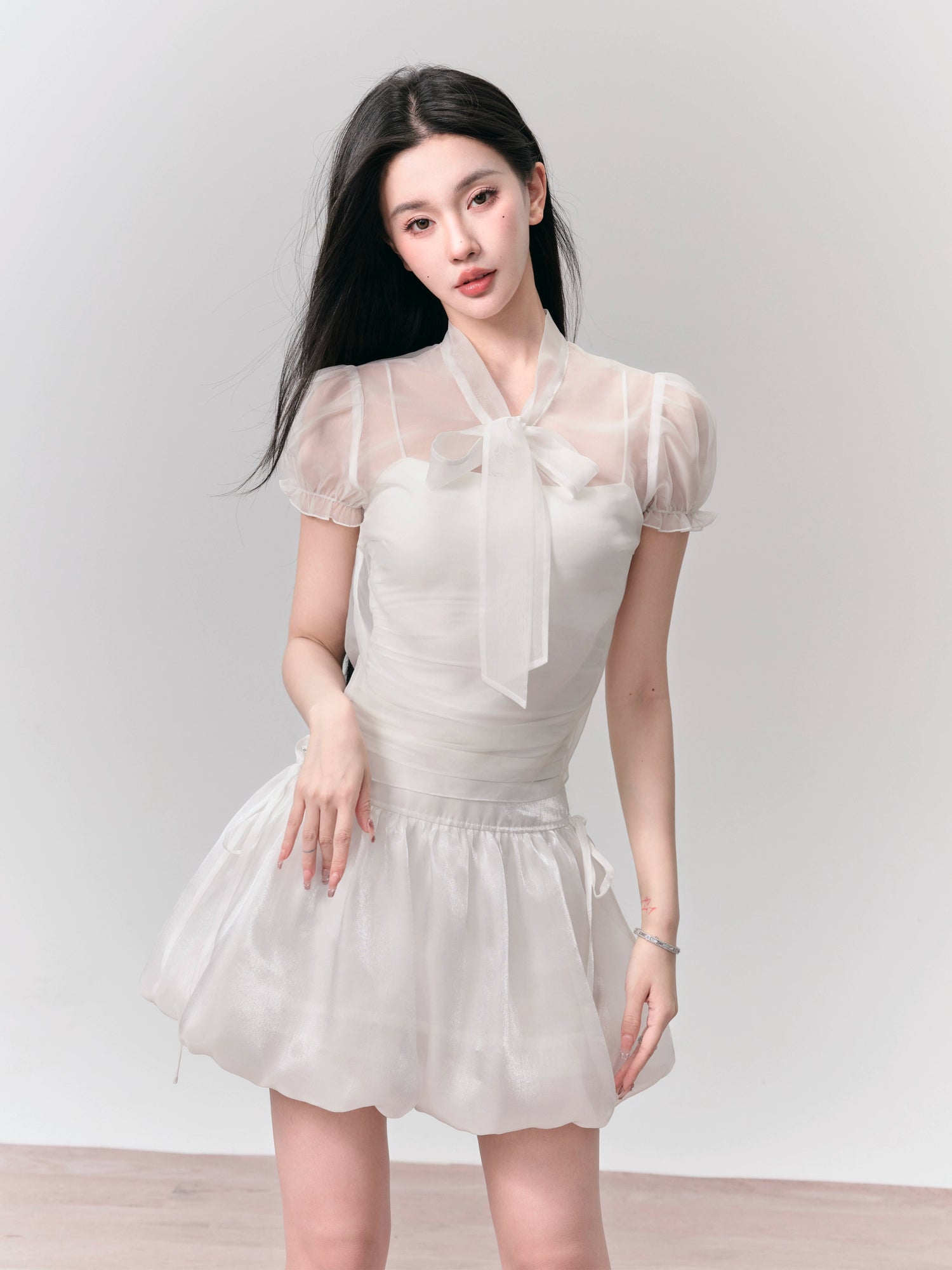 See-through Puff Sleeve Shirt &amp; Bud Skirt