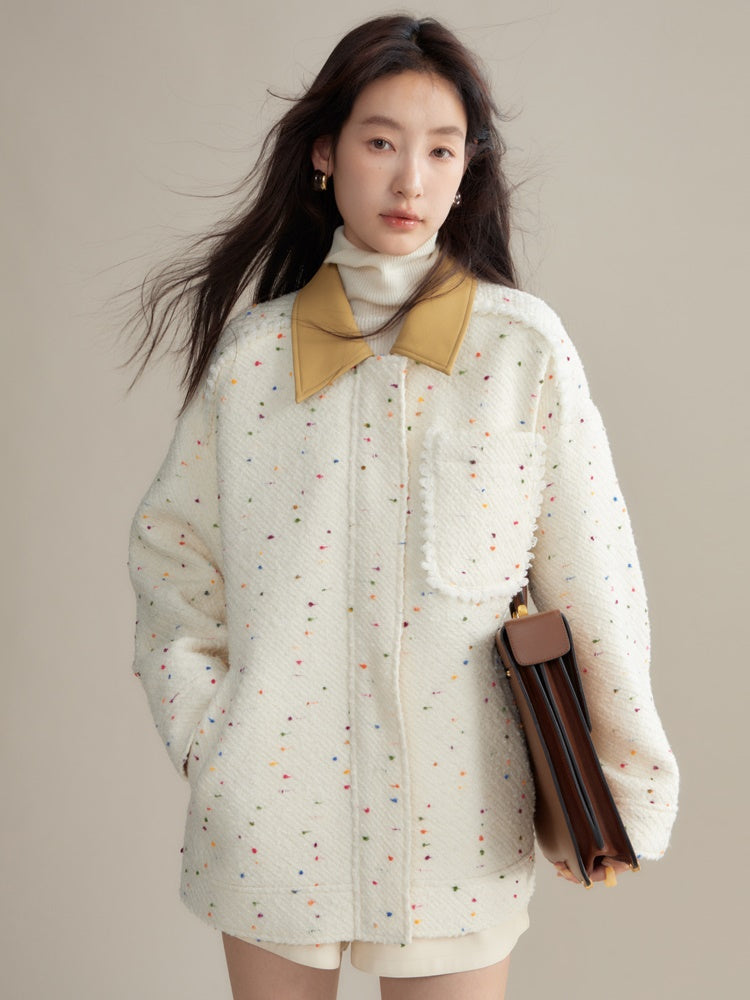 Colorful Dots PU Leather Collar Tweed Taste Jacket