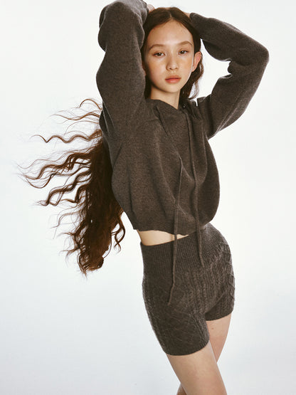 Sporty Cut-out Design Knitted Hoodie &amp; Short Pants