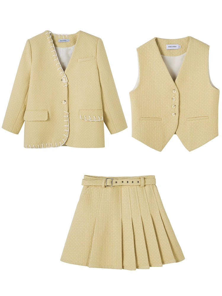 No-Collar Jacket ＆ Vest ＆ High-waisted Pleated Skirt