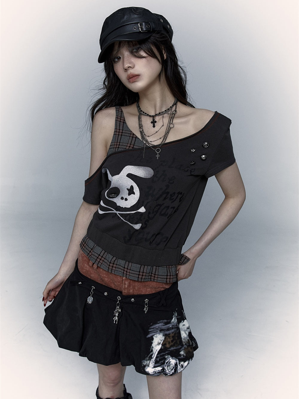 Punk Street Patchwork Plaid Fake Two-piece T-shirt