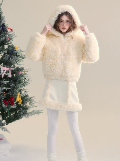 Fluffy Friendly Fur Short Hooded Jacket ＆ Skirt