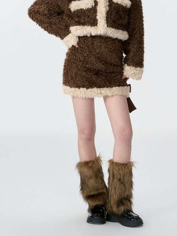 Lamb Hair Plush Short Jacket ＆ Mini Skirt