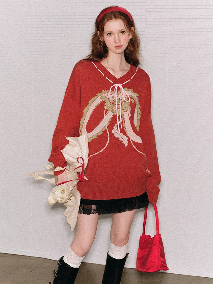 Dragon Pattern V-neck Ribbon Loose Sweater