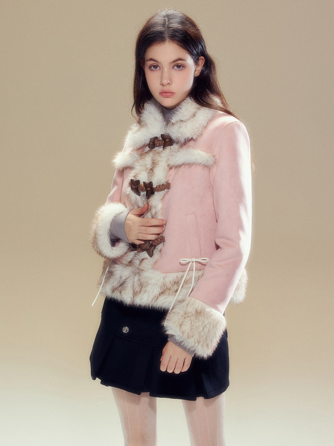 Suede Touch Butterfly Buckle Fur Plush Jacket &amp; Pleated Skirt