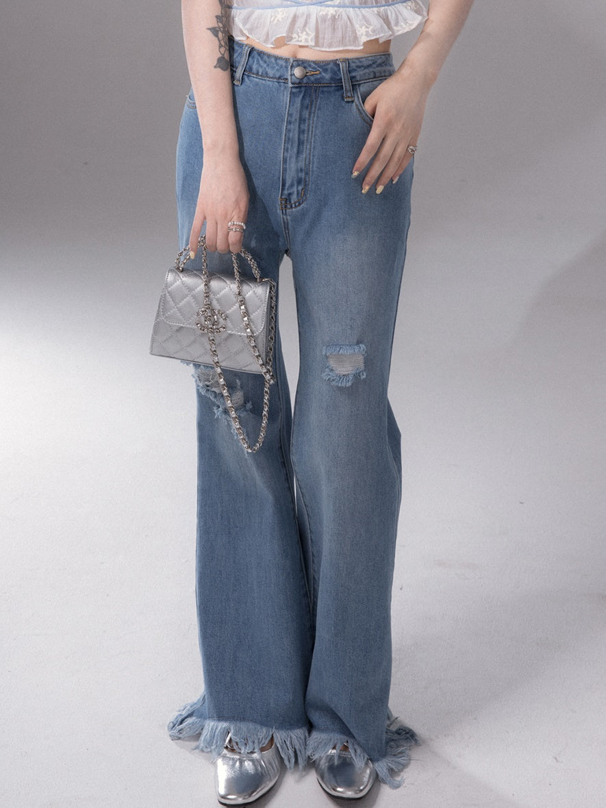 Mopping Raw Edge Flared Denim Pants