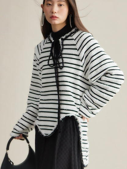 Border Lace-up Long-sleeved Pullover