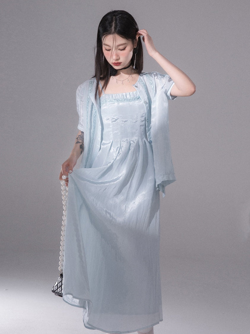 Glossy Drawstring Shirt &amp; Slip Long Dress