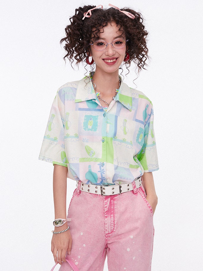 Retro Print Short-sleeved Shirt