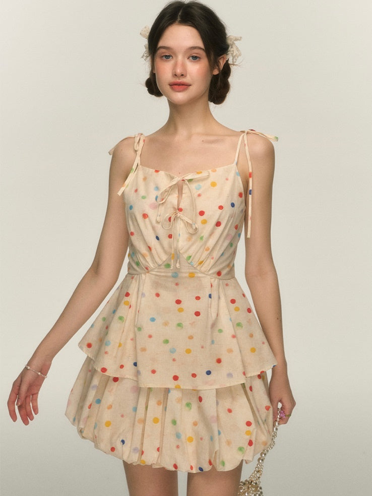 Colorful Polka Dot Print Camisole ＆ Tutu Balloon Skirt