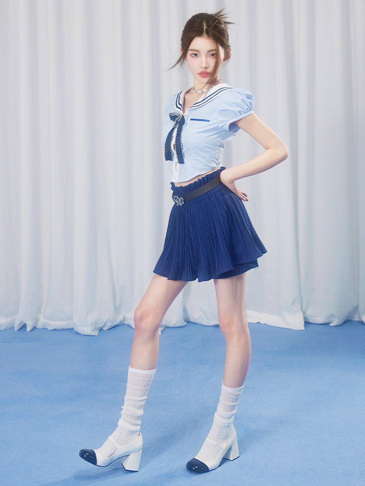 School Girl Puff Sleeve Top &amp; Pleated Skirt