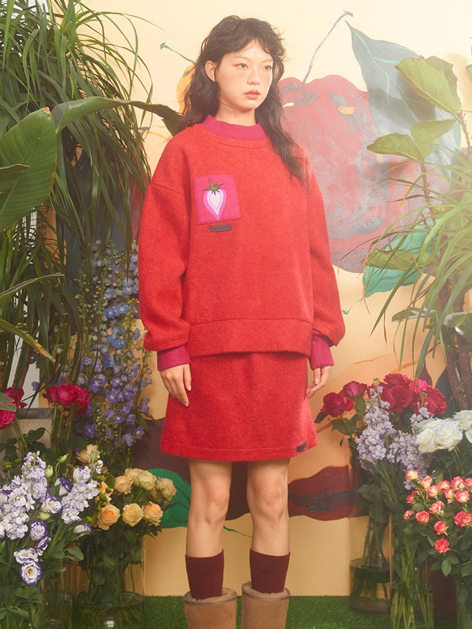 Strawberry Embroidery Fake Two-piece Knitted Top &amp; Skirt