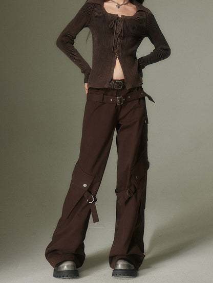 Double Belt Loose Straight Wide Leg Trousers