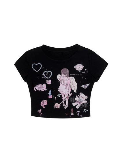 Angel Print Short-sleeved Tight T-shirt