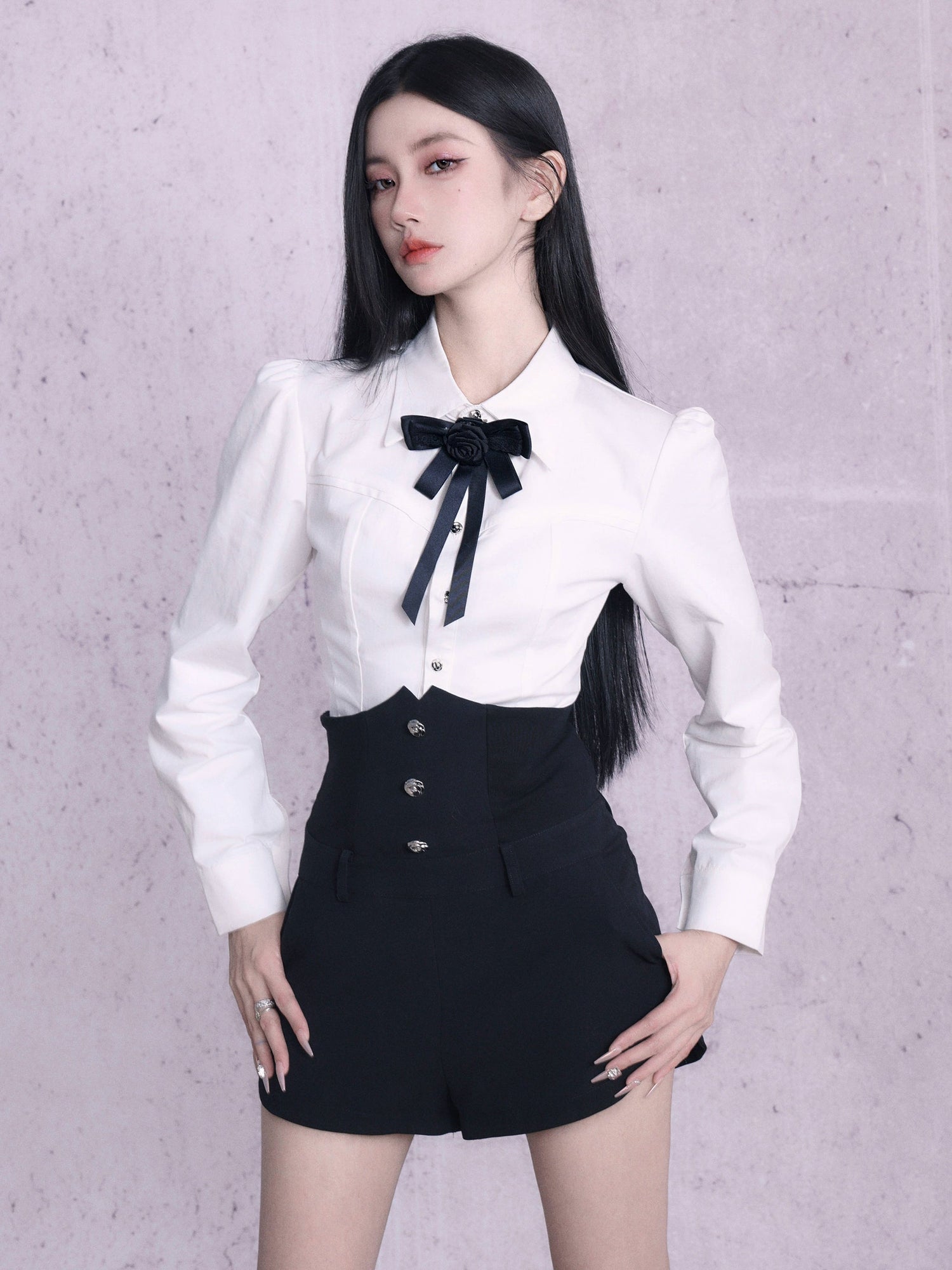 Puff Sleeve Shirt ＆ High Waist Short Pants