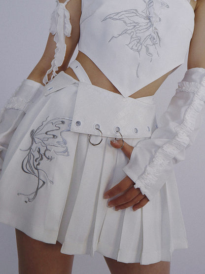 Pleats Embroidery Ring Flap Mini Flare Short-Skirt