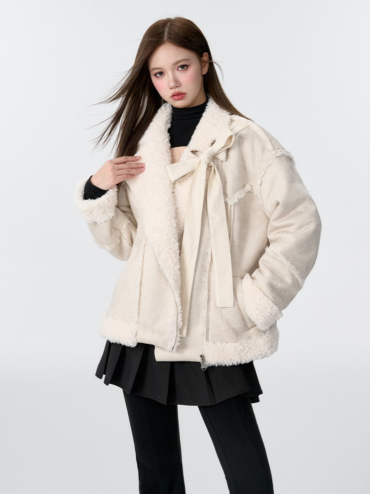 Ribbon Accent Fur Motorcycle Jacket