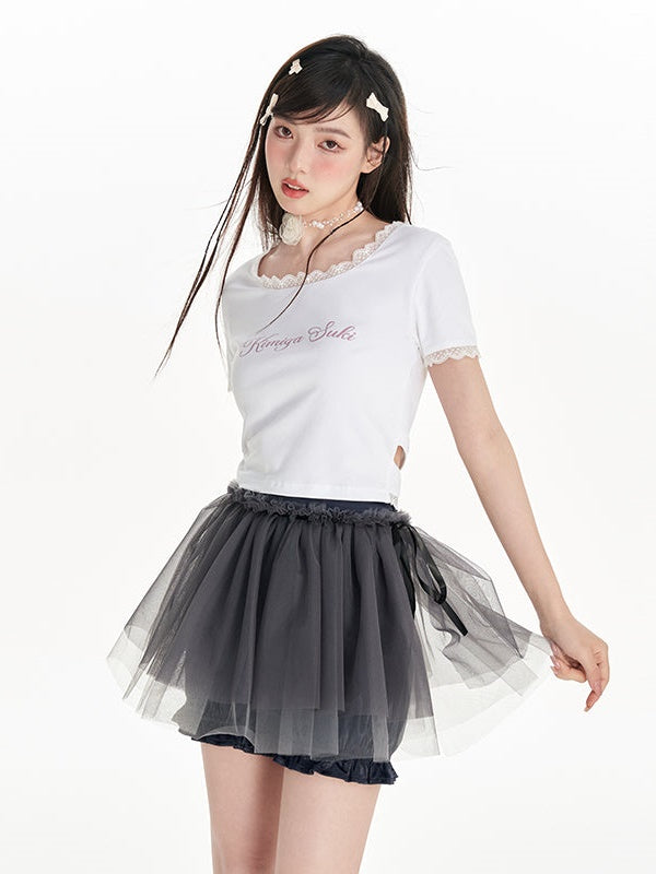 Back Strap Bow Lace U-neck Printed T-shirt