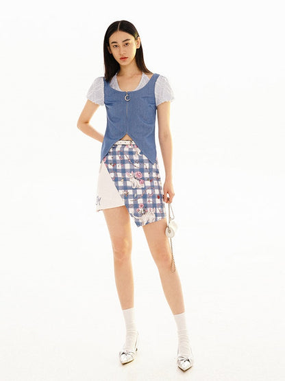 Fake Layered Zipper Puff Sleeve Top