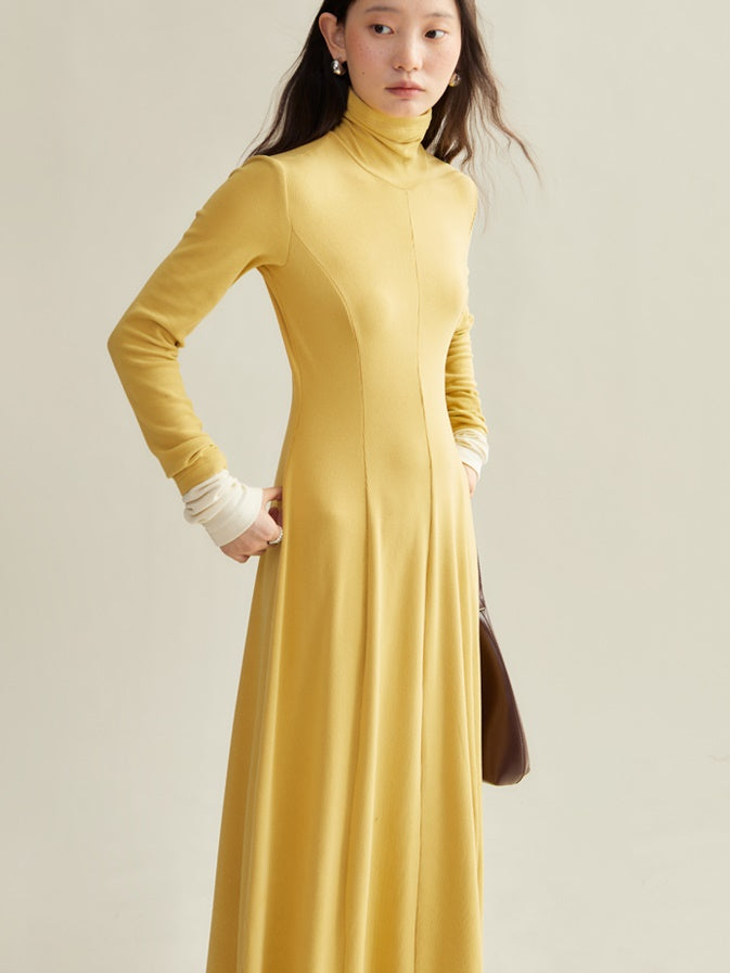 Color-blocked High Collar Knitted Long One-piece