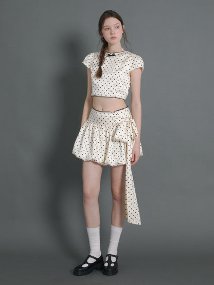 Polka Dot Short Sleeve Cropped Top ＆ Ribbon Bud Skirt