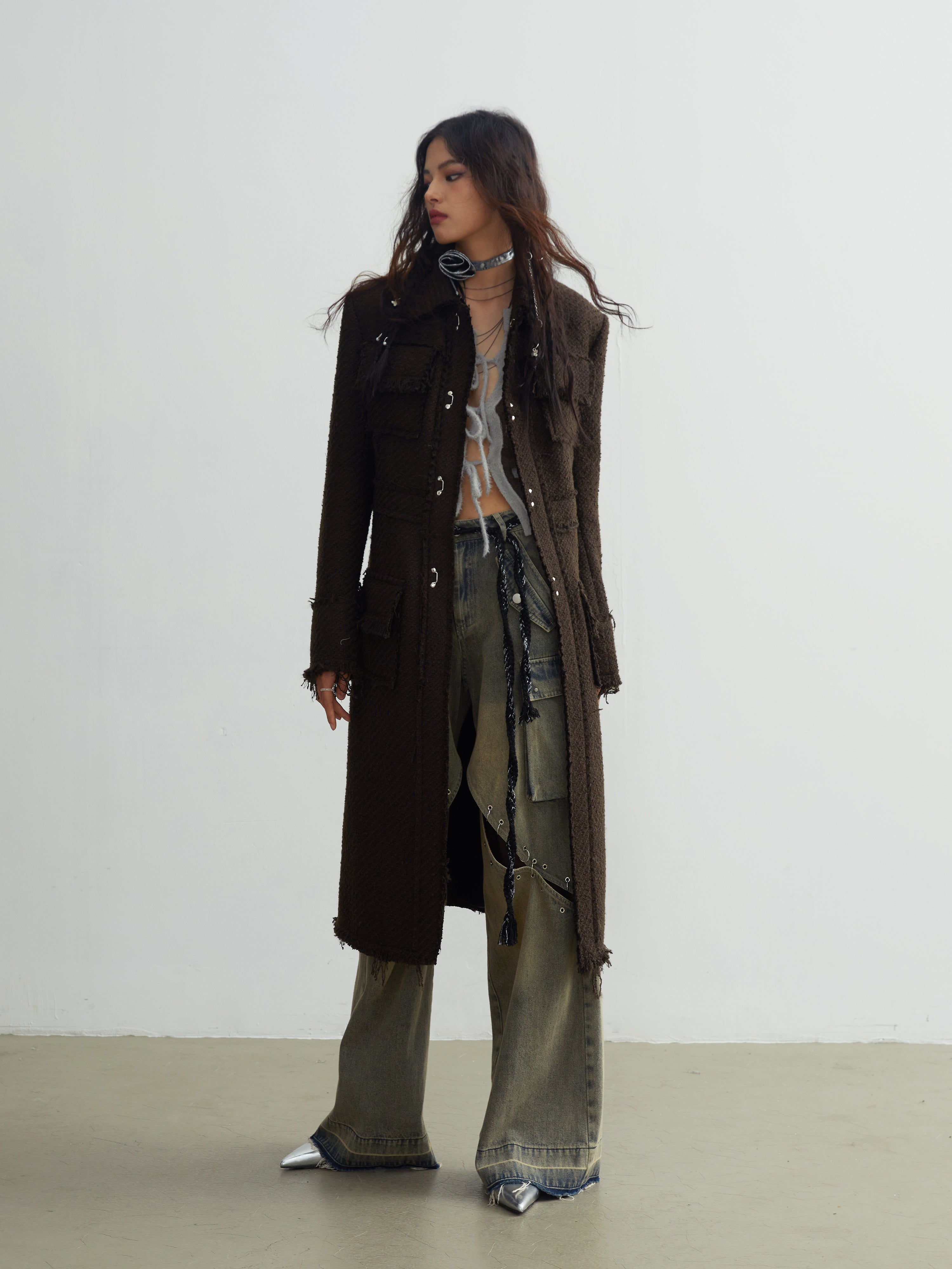 Raw Edge Long Tweed Texture Jacket