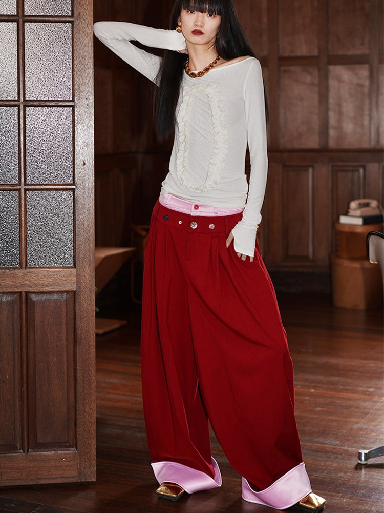 Contrast Color Loose Flap Wide Leg Pants