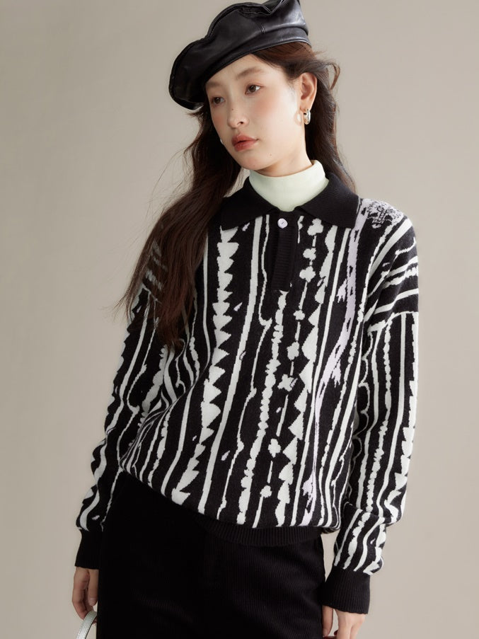 Dragon Pattern Jacquard Polo Sweater &amp; Knitted Skirt