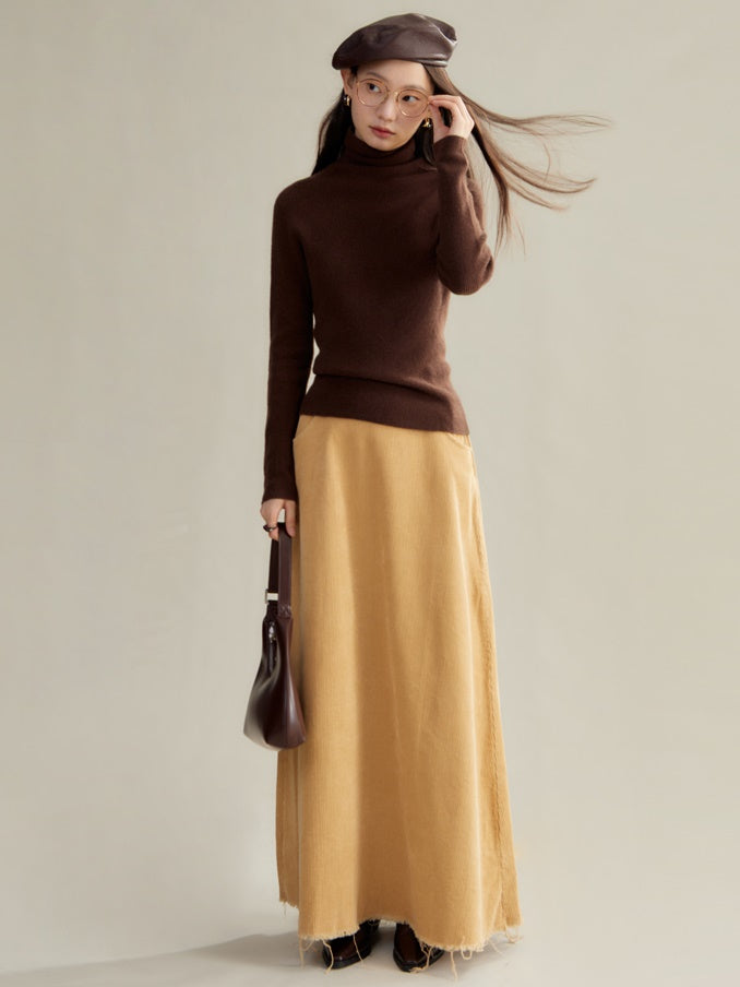 Fringed Corduroy Long A-line Skirt